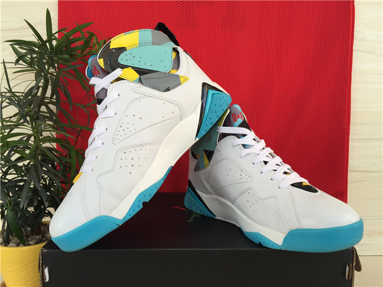 Real Jordan 7 White Baby Blue Yellow Shoes