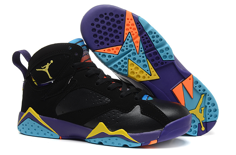 Real Laura Rabbit Jordan 7 Black Purple Yellow Blue Shoes - Click Image to Close