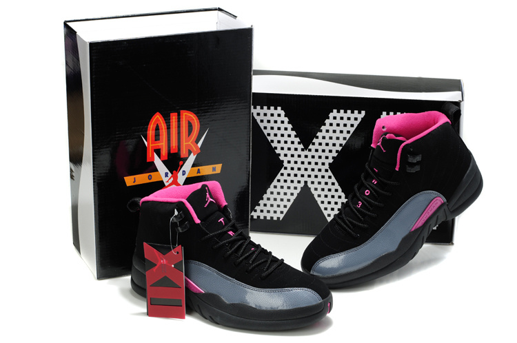 New Air Jordan Shoes 12 Black Grey Pink - Click Image to Close