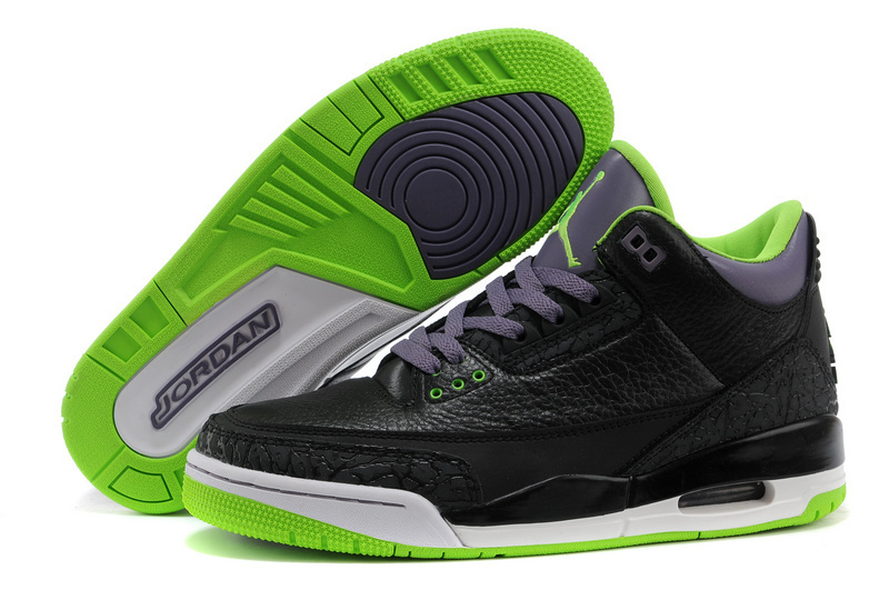 Real Jordan 3 Retro Black Purple Green Shoes - Click Image to Close