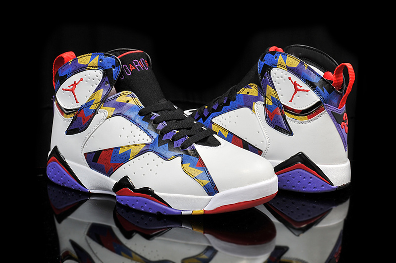 Real Jordan 7 Retro OG White Blue Black Red Yellow Shoes - Click Image to Close