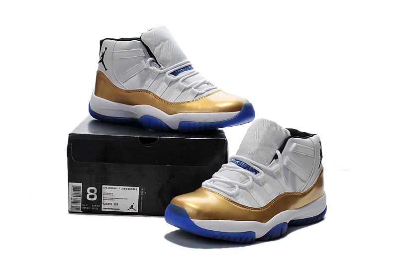 Real New Jordan 11 White Gold Blue Sole Shoes - Click Image to Close